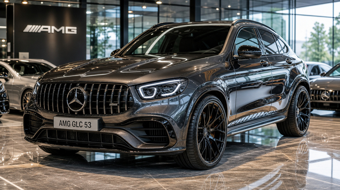 Carro esportivo Mercedes-Benz AMG GLC 53 cinza escuro em showroom com piso refletivo.