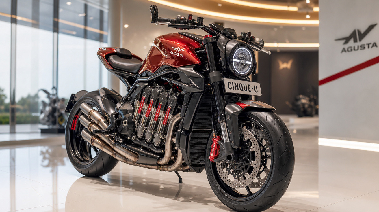 Motocicleta MV Agusta Cinque-U vermelha com design moderno em showroom iluminado.