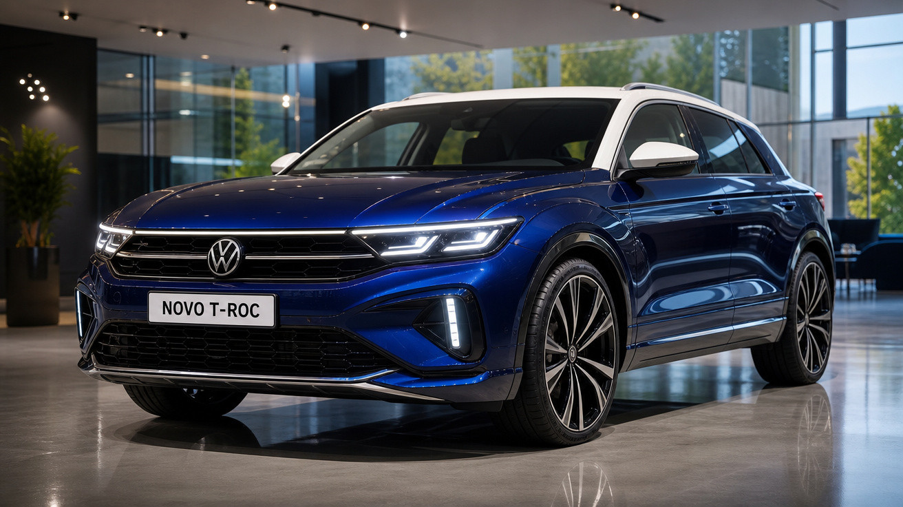 Carro SUV Volkswagen T-Roc azul com teto branco exibido em sala de exposição moderna e iluminada.