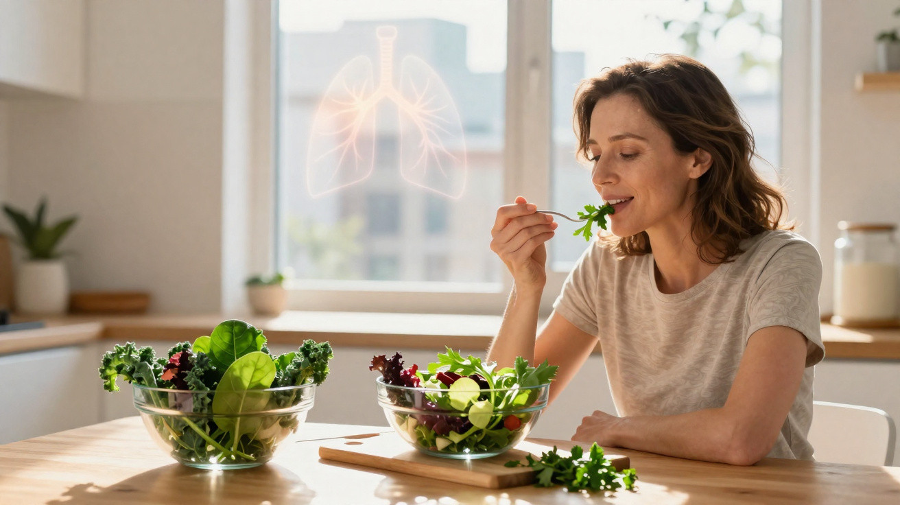 Mulher sorridente comendo salada saudável em cozinha iluminada, com ilustração digital de pulmões ao fundo.