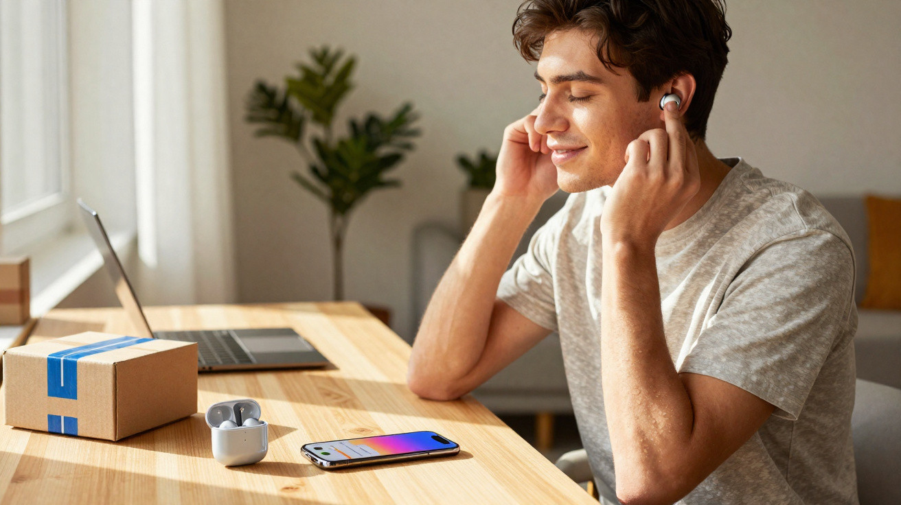 Jovem sorridente colocando fones de ouvido sem fio sentado à mesa com celular e laptop à sua frente.