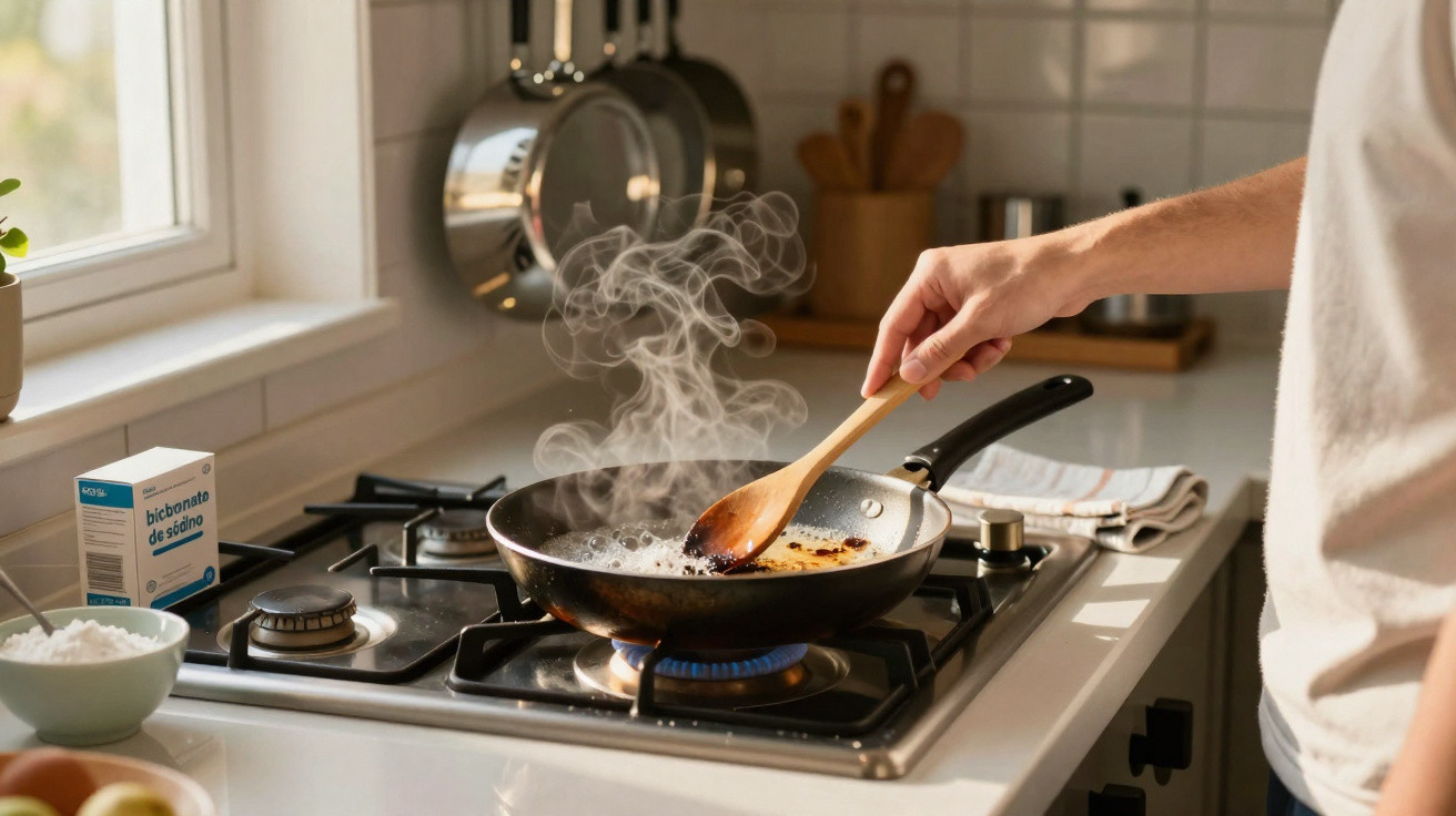 Pessoa mexendo panqueca que está queimando em frigideira no fogão a gás em cozinha iluminada.