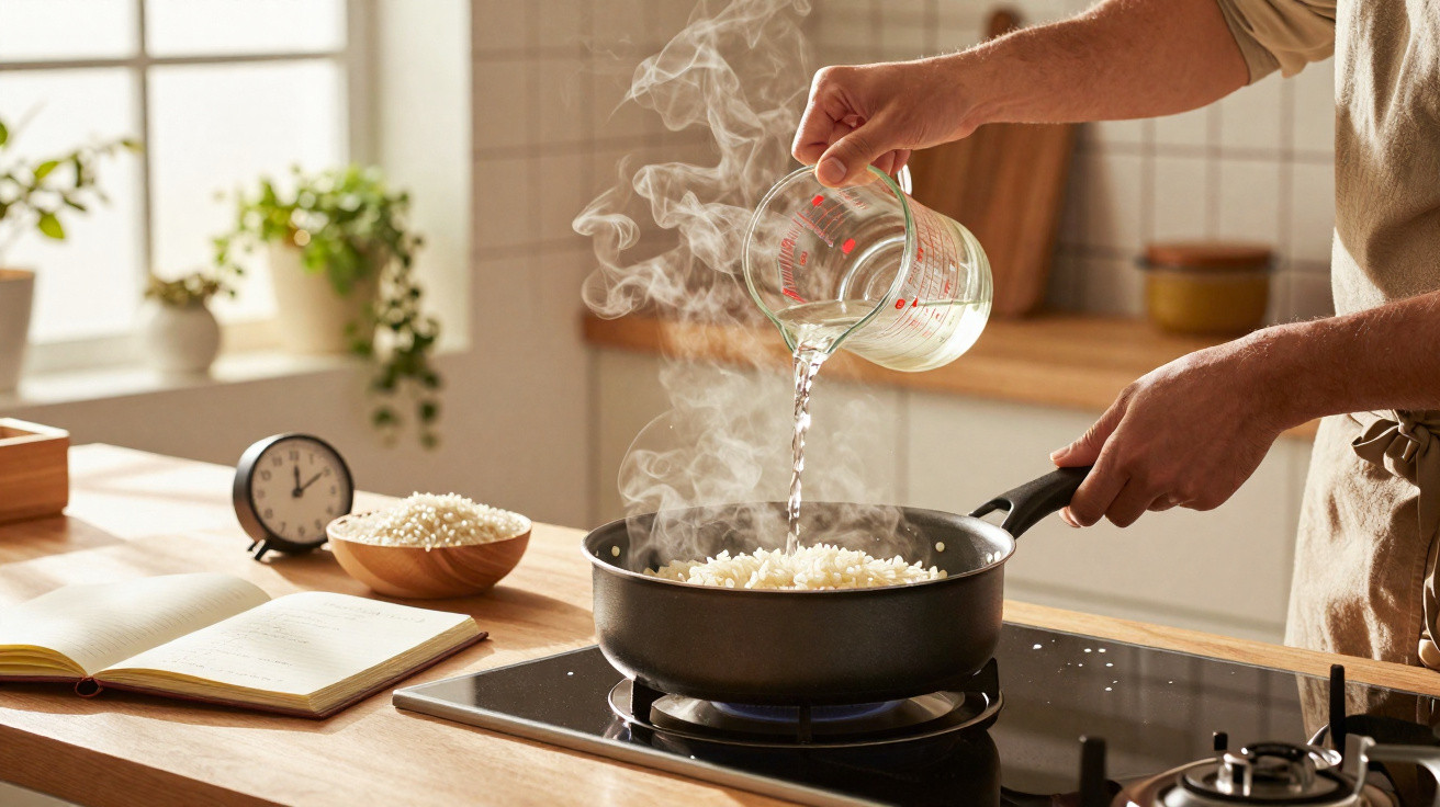 Pessoa colocando água em panela com arroz branco cozinhando em fogão na cozinha iluminada.