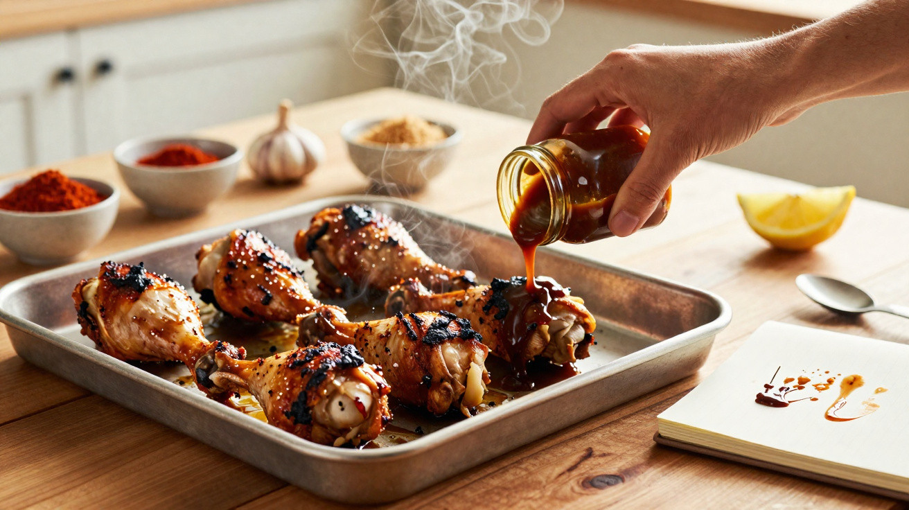 Pernas de frango assadas em assadeira sendo regadas com molho por uma mão em cozinha.