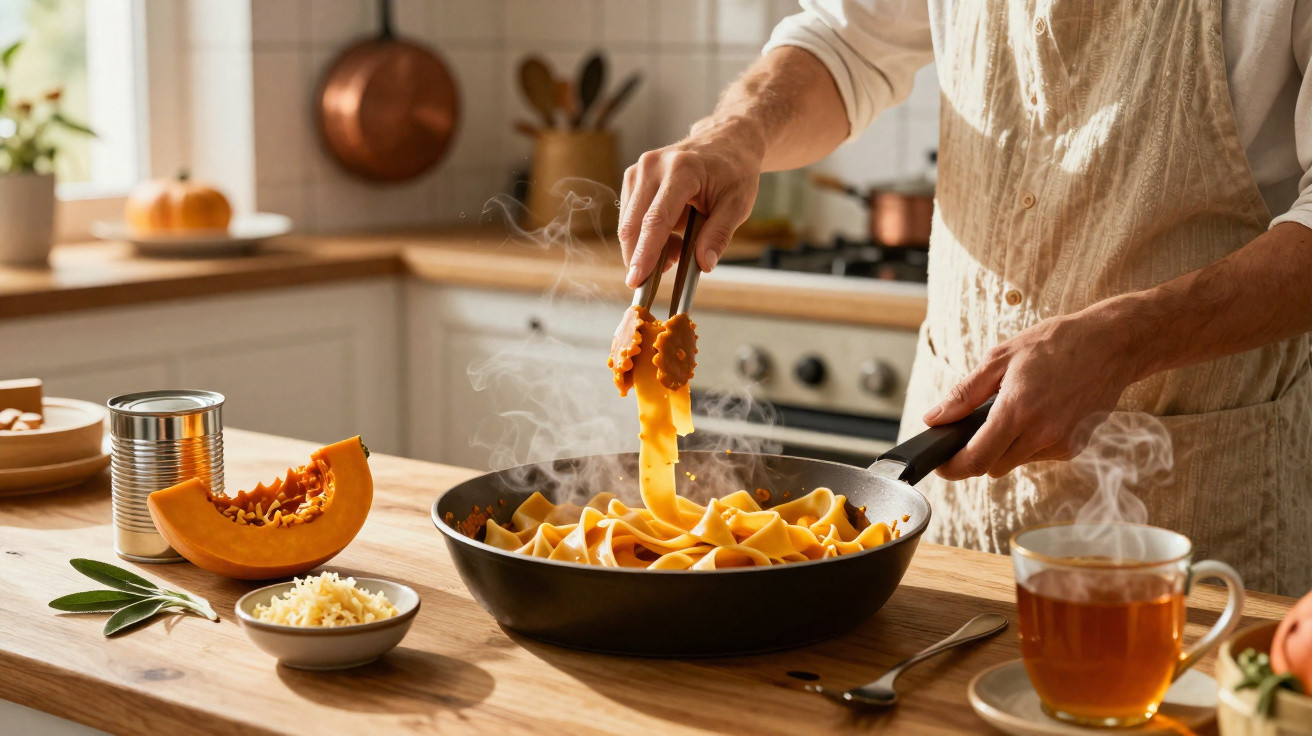 Pessoa preparando macarrão com abóbora em frigideira, ao lado de chá e queijo ralado na cozinha.