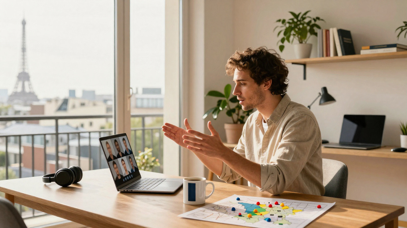Homem em videoconferência no notebook, sentado à mesa com xícara e mapa, com vista da Torre Eiffel ao fundo.