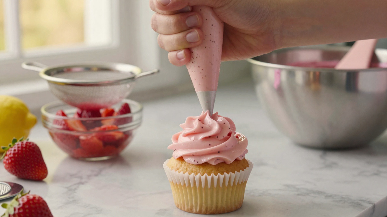 Mão decorando cupcake com glacê rosa em saco de confeitar, ao lado de morangos e utensílios de cozinha.