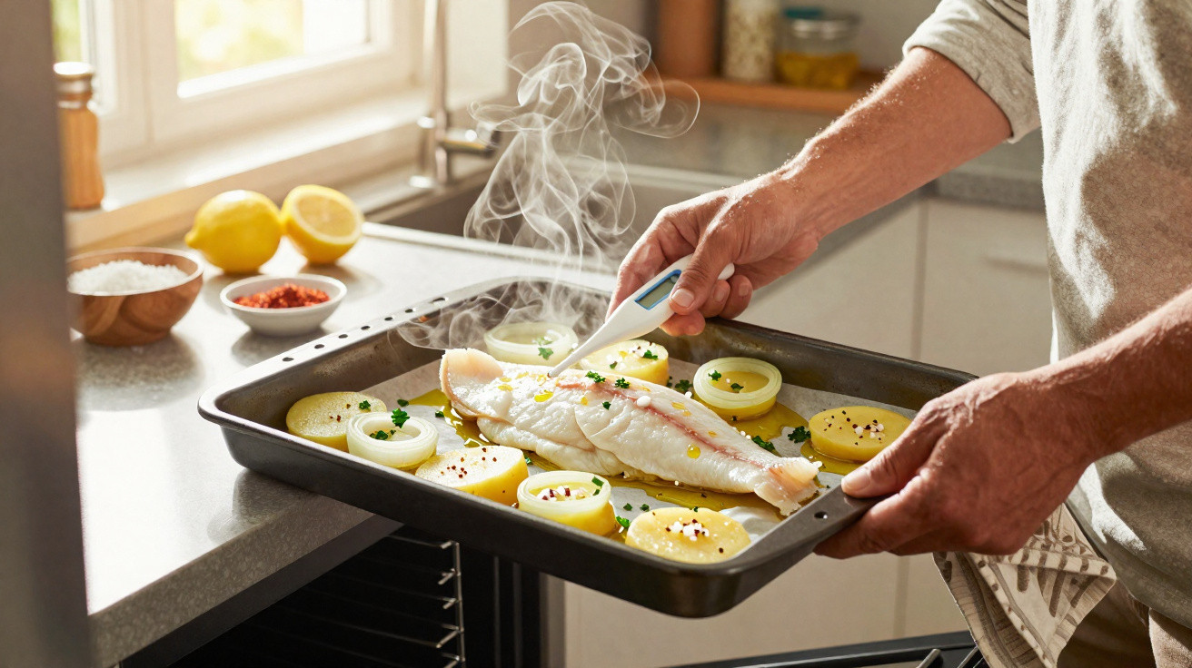 Pessoa segurando assadeira com peixe e legumes frescos saindo do forno, medindo temperatura com termômetro digital.