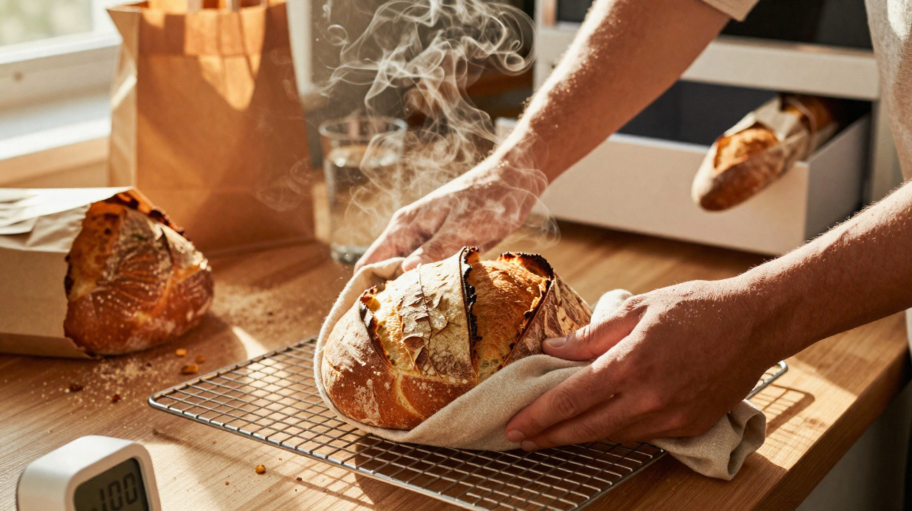 Pão recém-saído do forno, fumegando, sendo retirado de grade de resfriamento por mãos com pano.