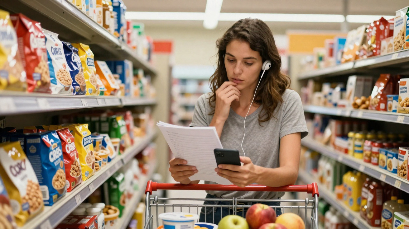 Mulher jovem no supermercado com fones de ouvido, segurando lista e celular ao lado do carrinho de compras.