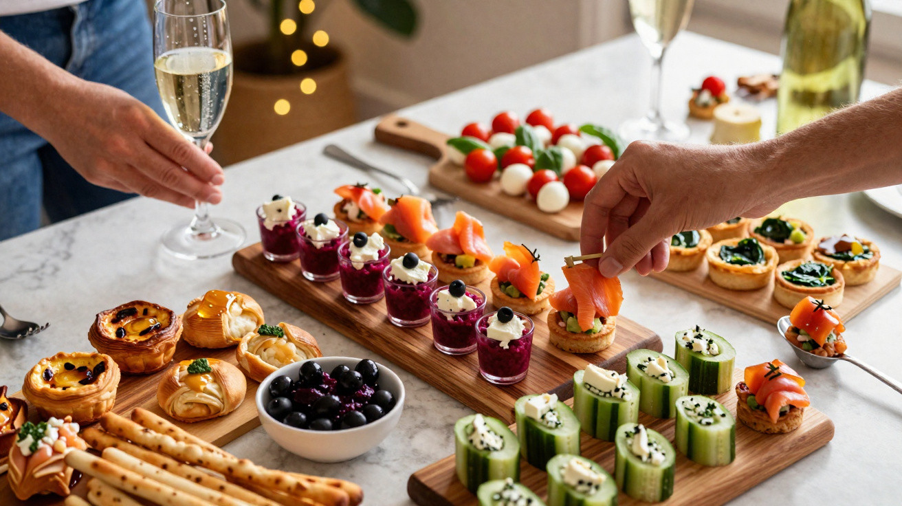 Mesa com petiscos variados como canapés, mini tortas, copos com creme roxo e taça de espumante sendo segurada.