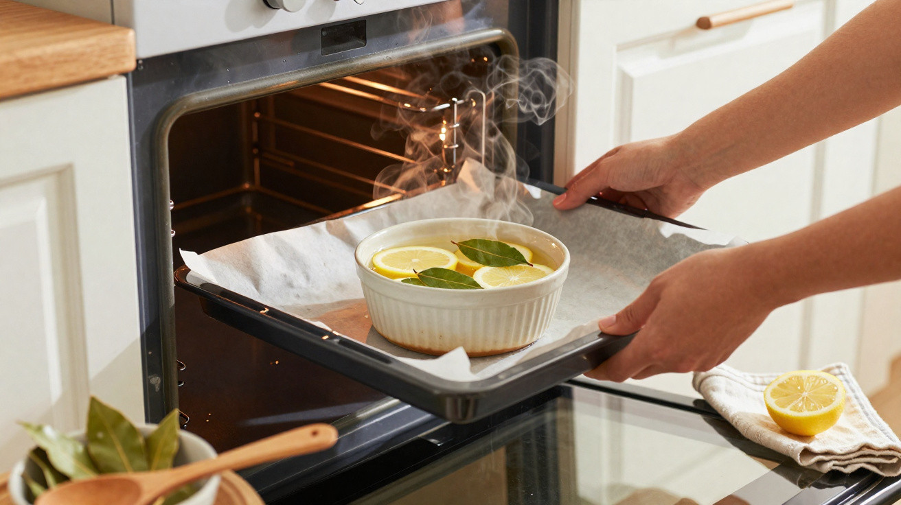 Pessoa colocando assadeira com prato de limão e folhas em forno quente com vapor saindo.