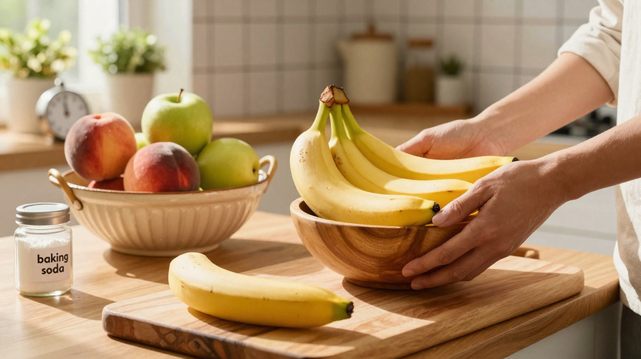 Pessoa colocando bananas em tigela de madeira na cozinha, com mesa e frutas ao fundo.