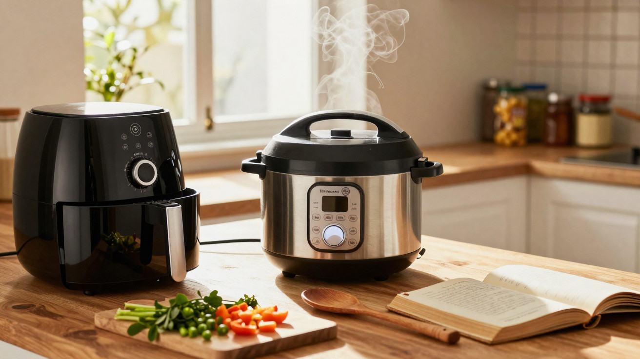 Panela elétrica a vapor soltando fumaça ao lado de air fryer e vegetais picados na bancada.