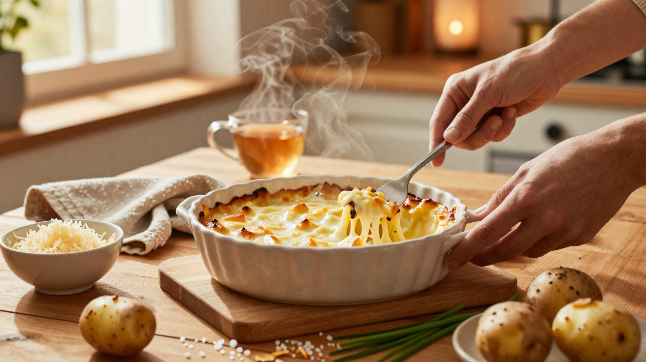 Prato de batatas ao gratin quente sendo servido com queijo ralado e chá na mesa de madeira.