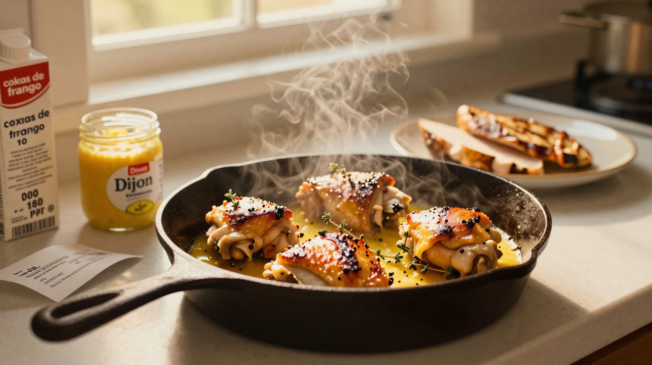 Frango assado na frigideira com molho amarelo, ramo de tomilho e temperos, ao lado de mostarda Dijon e embalagem de coxas.