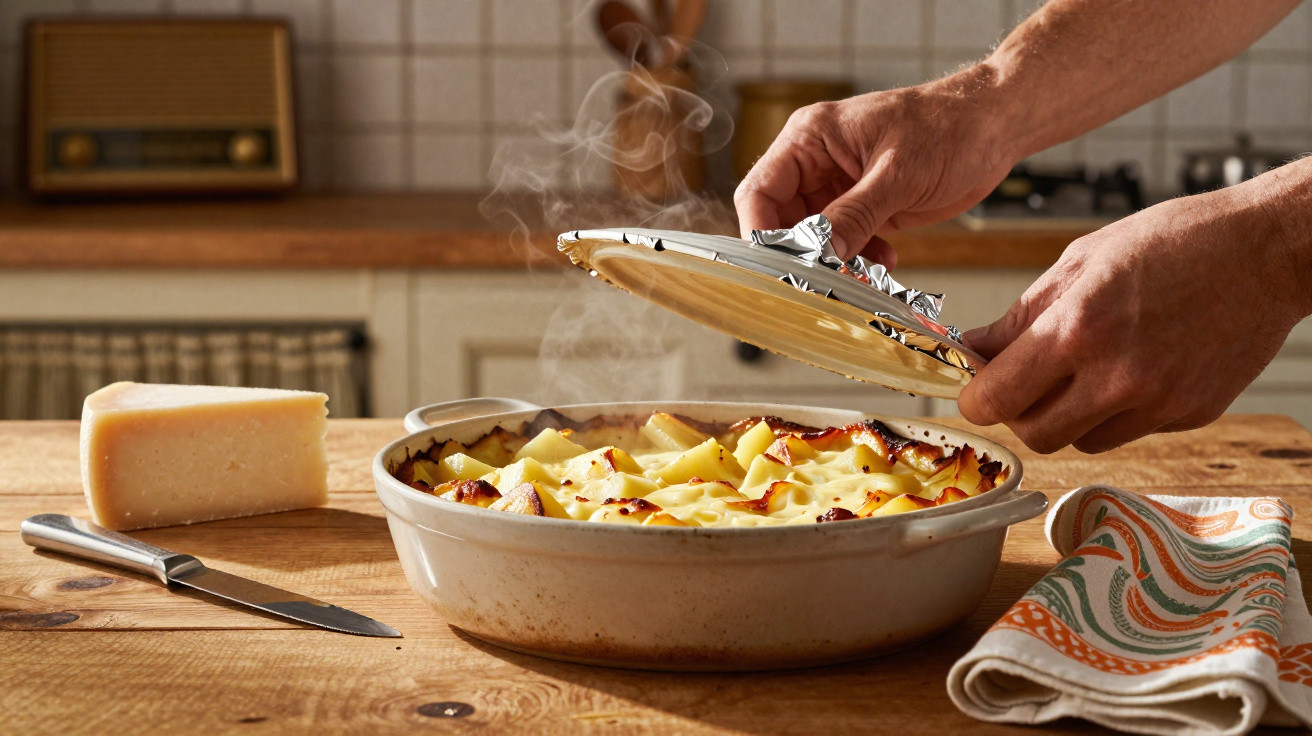 Mãos retiram tampa de panela com batatas gratinadas fumegantes em mesa de madeira na cozinha.