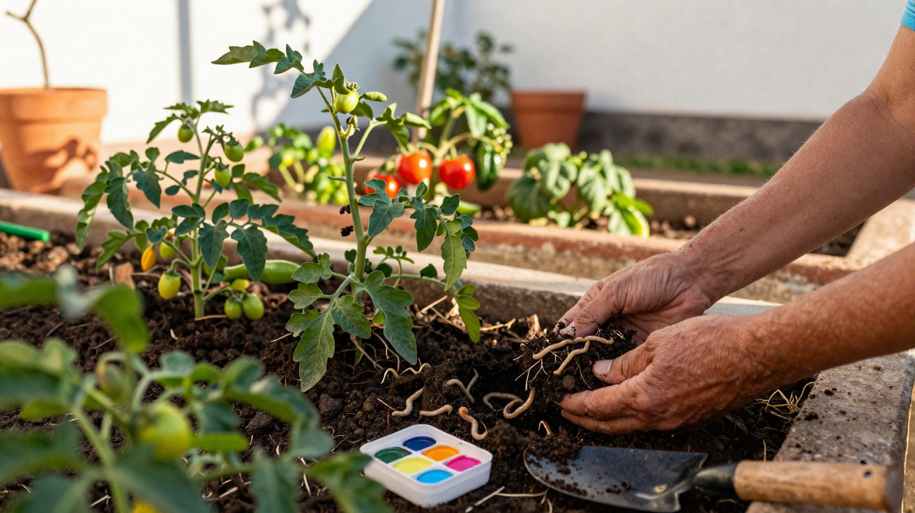 Mãos cuidando de planta de tomateiro em canteiro, com minhocas na terra e tomateiros com frutos maduros.