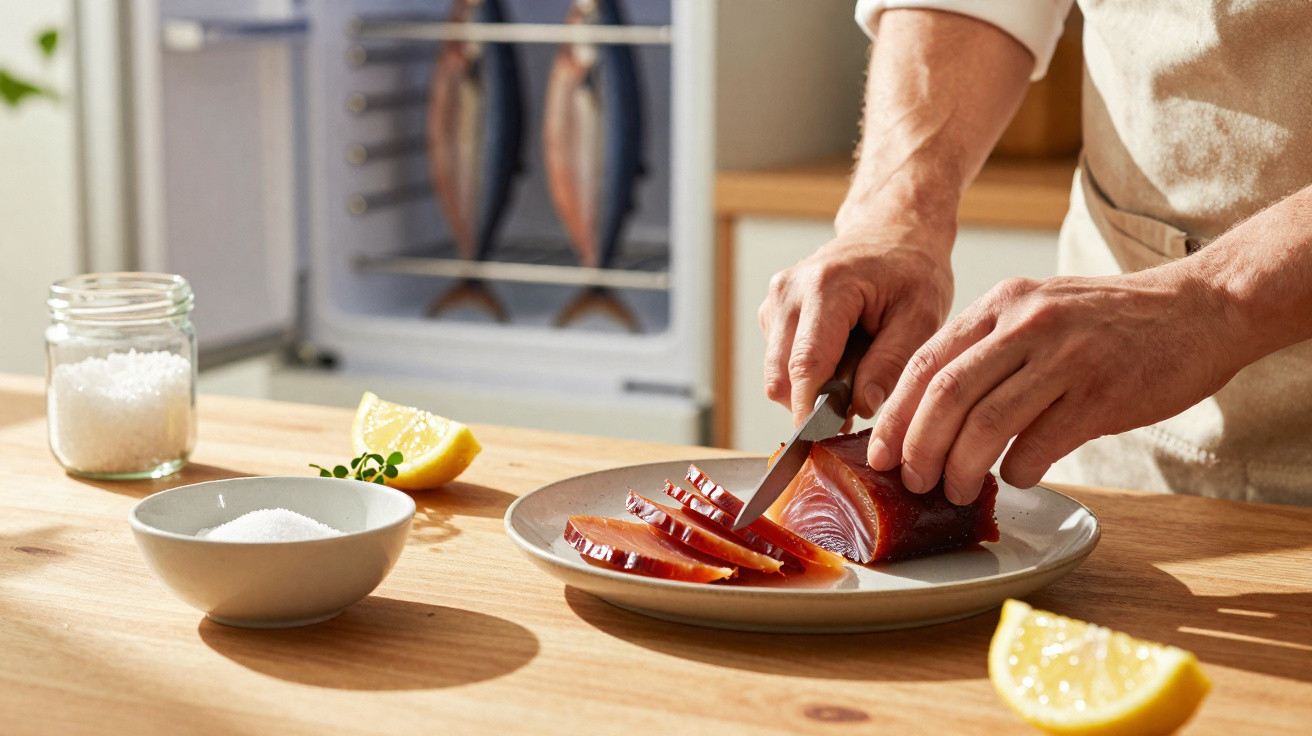 Pessoa fatiando peixe defumado em prato com fatias de limão e potes de sal sobre mesa de madeira.