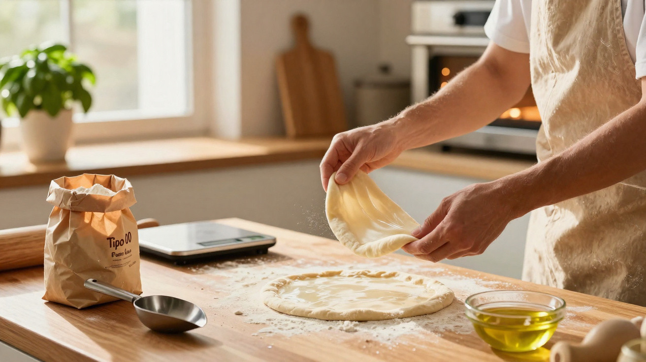 Pessoa abrindo massa de pizza sobre bancada de madeira em cozinha iluminada com saco de farinha e óleo ao lado.