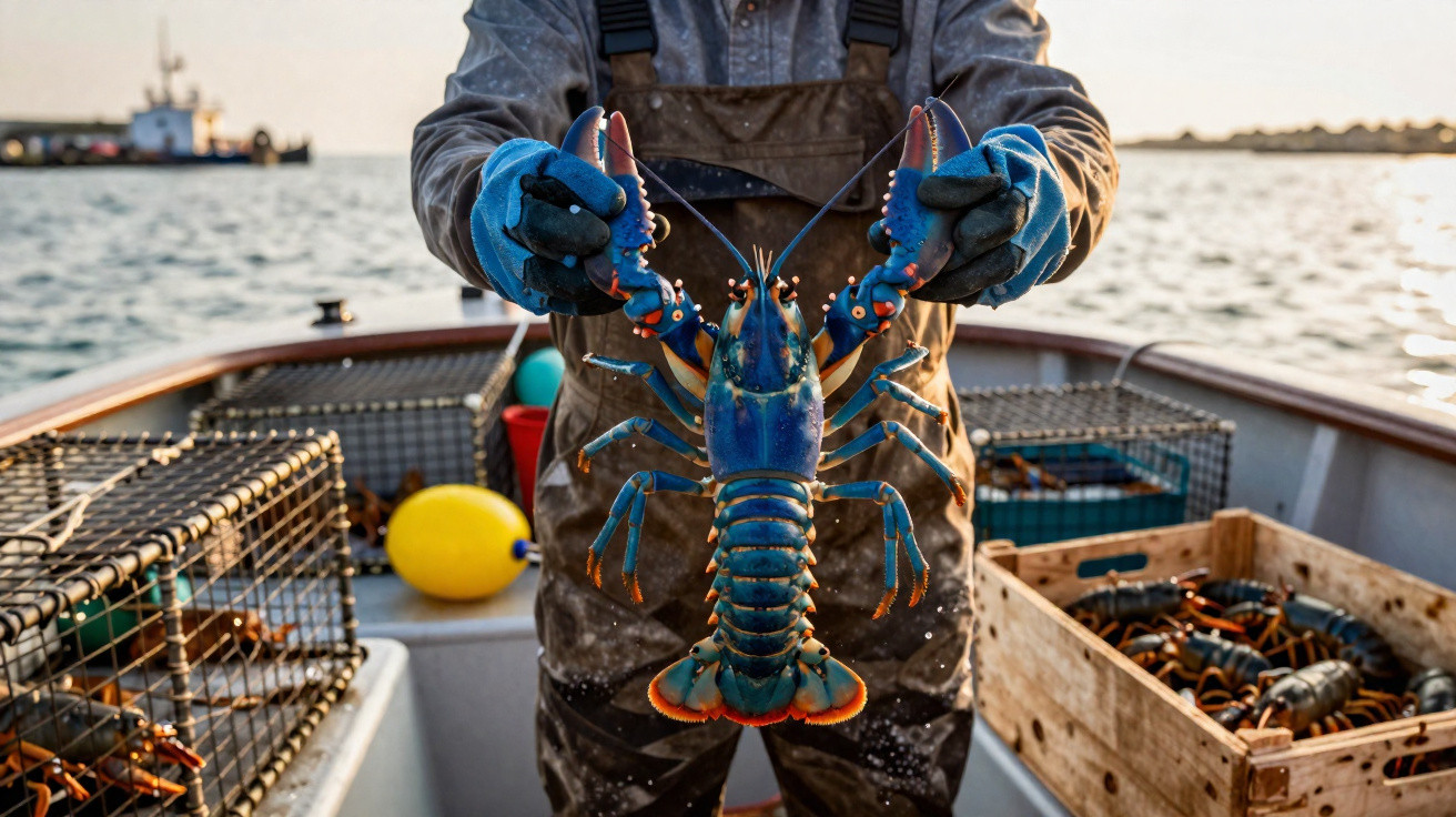 Pescador segurando uma lagosta azul em um barco com armadilhas e mar ao fundo.