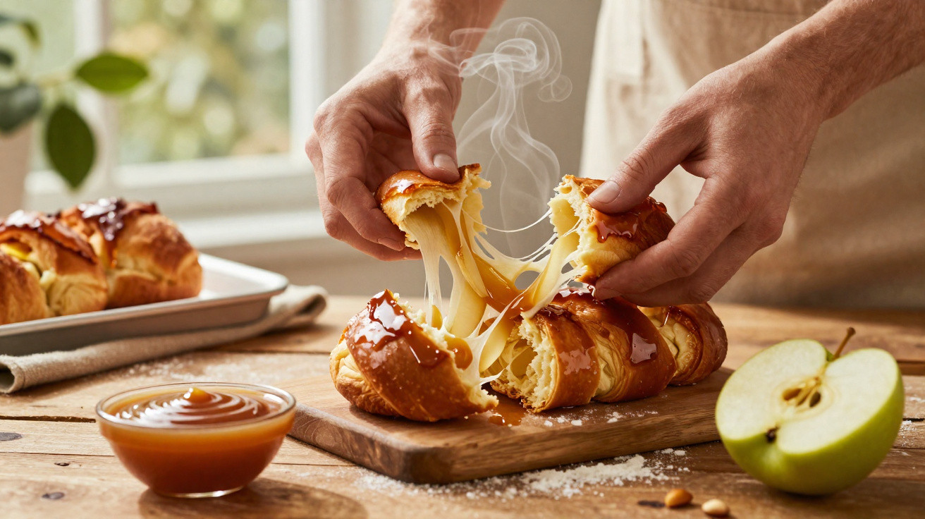 Pão doce recheado com queijo derretido e calda caramelizada sendo puxado por mãos sobre tábua de madeira.