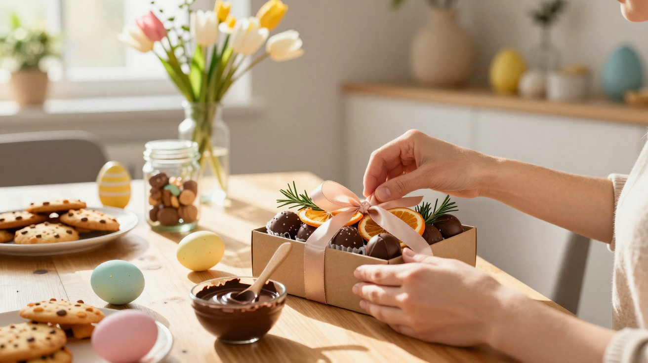 Pessoa decorando caixa de chocolates com laço rosa em mesa com ovos e biscoitos de Páscoa.