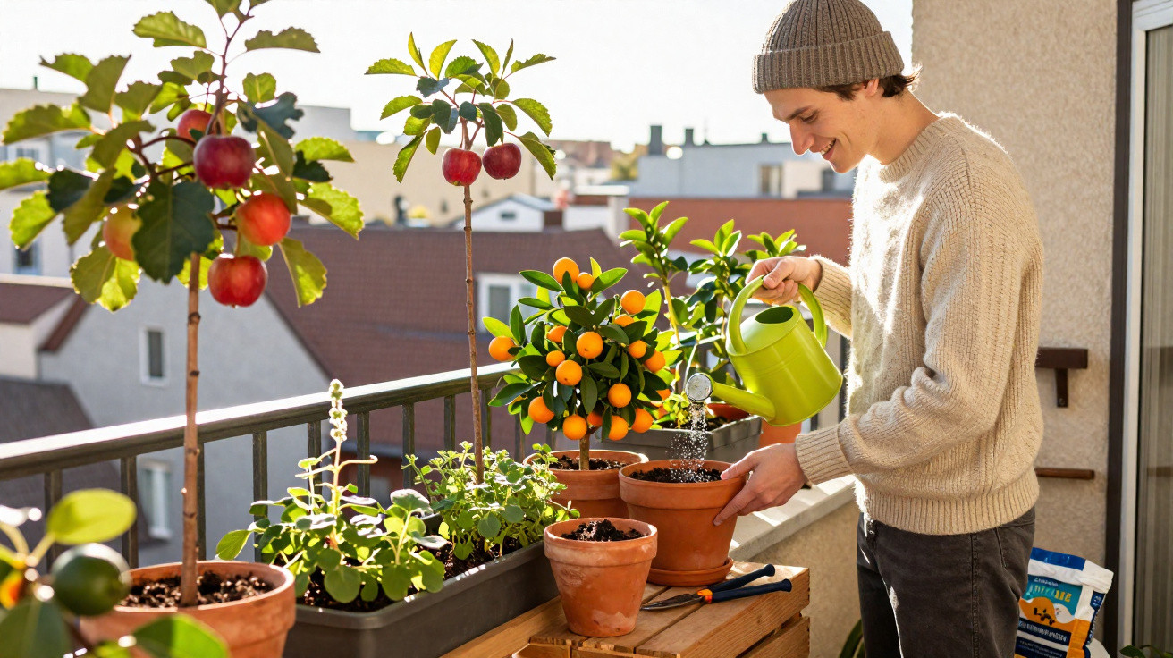 Jovem regando plantas em vasos com frutas em varanda ensolarada de apartamento.