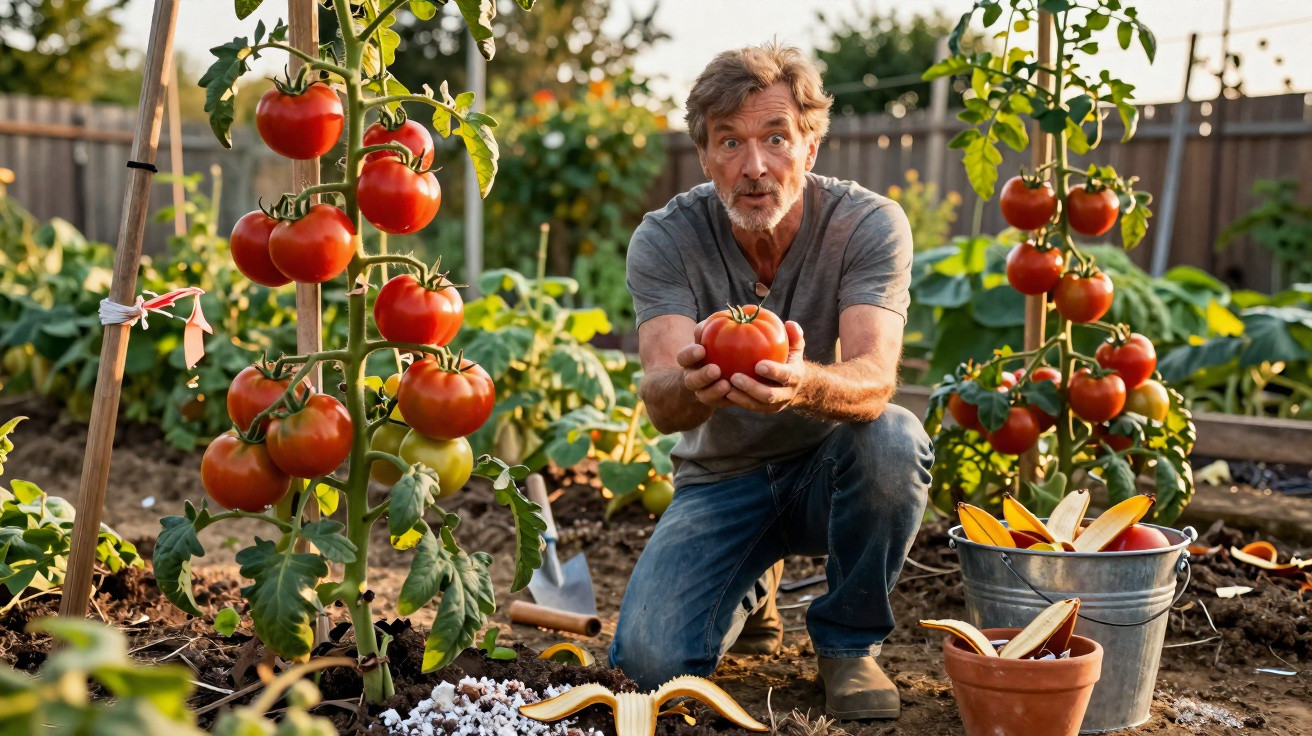 Homem agachado mostrando tomate grande colhido em horta com diversas plantas de tomate ao redor.