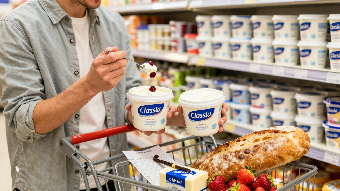 Homem provando iogurte Classia no supermercado com carrinho cheio de pão, morangos e manteiga.