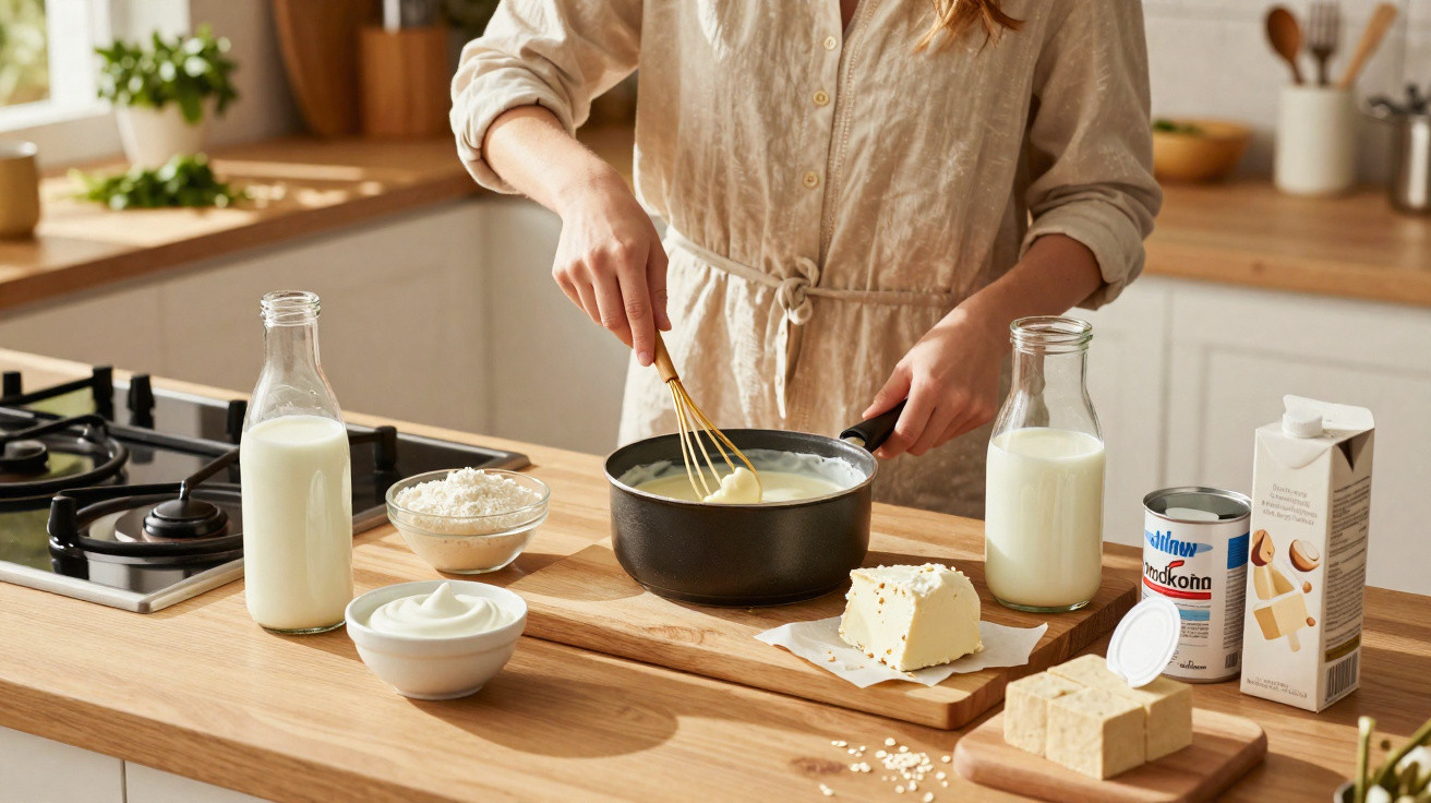 Pessoa mexendo creme em panela com ingredientes para receita sobre mesa em cozinha iluminada.