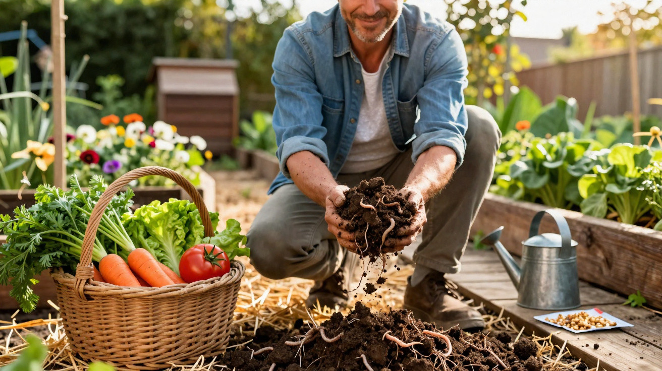 Homem agachado em jardim segurando terra com minhocas, ao lado cesta com legumes frescos e regador.