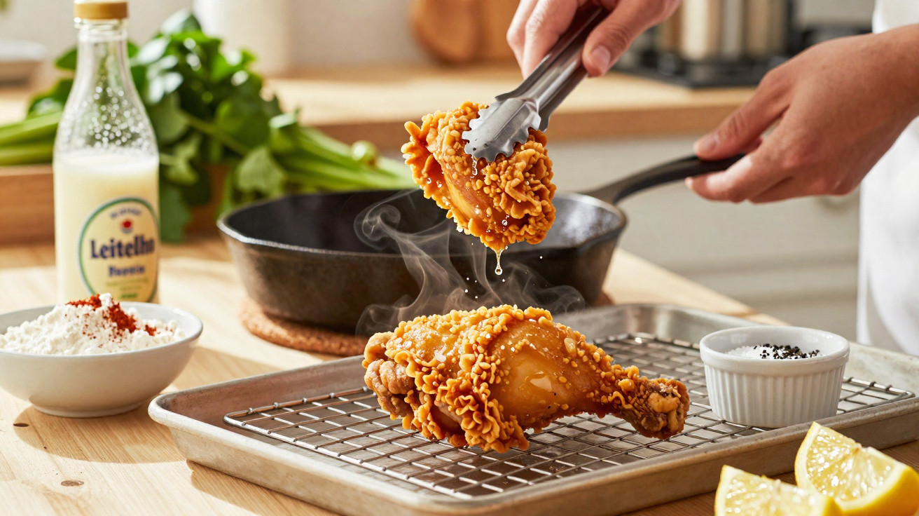 Pedaços de frango frito crocante sendo retirados de uma assadeira com pegador na cozinha.