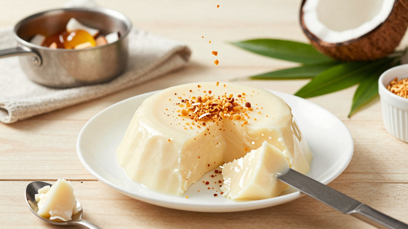 Pudim cremoso branco com crocante por cima, servido em prato branco, com coco e calda ao fundo.