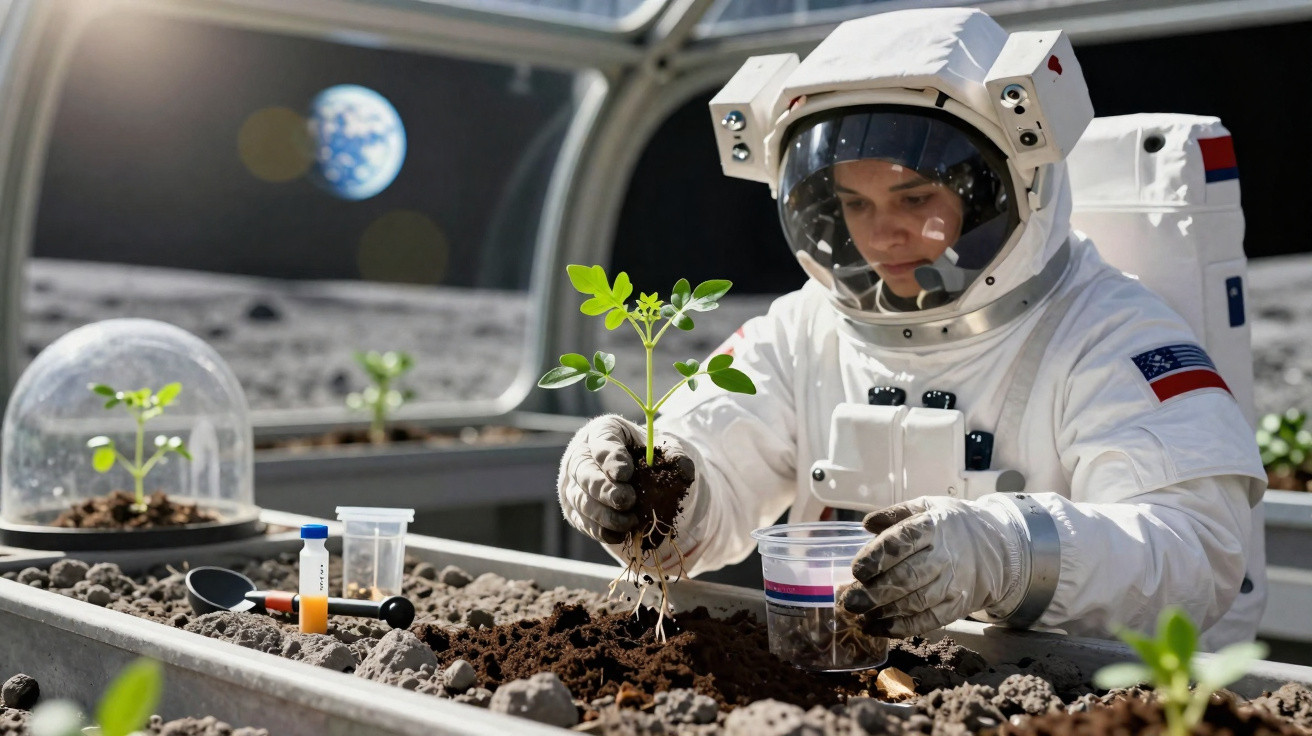 Astronauta plantando muda em solo lunar dentro de estufa com Terra visível no espaço ao fundo.