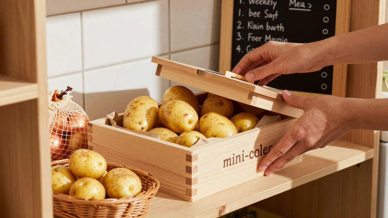Caixa de madeira com batatas frescas sendo aberta por mãos, ao lado uma cesta com mais batatas.
