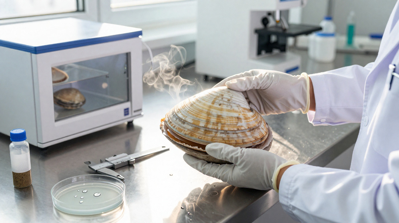 Pesquisador com luvas segurando concha grande fumegante em laboratório com equipamentos científicos.