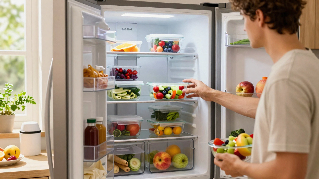 Jovem pega pote com frutas dentro de geladeira cheia de alimentos frescos organizados.