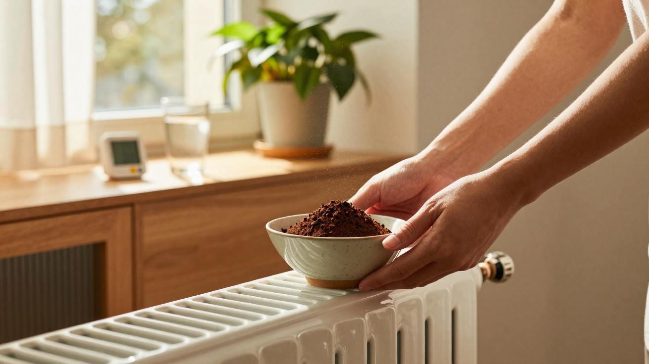 Mãos colocando tigela com café moído sobre aquecedor branco em ambiente com planta e luz natural.