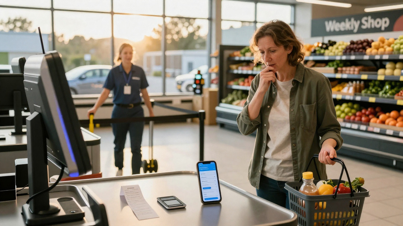 Mulher em supermercado olhando para celular na balança com cesta de compras na mão.