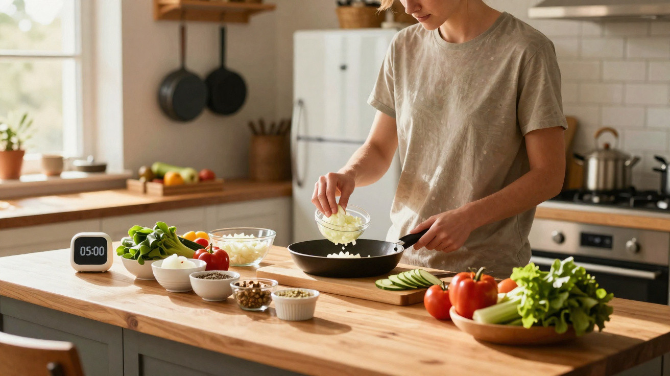 Pessoa colocando cebola em frigideira na cozinha com diversos vegetais e ingredientes sobre a bancada.