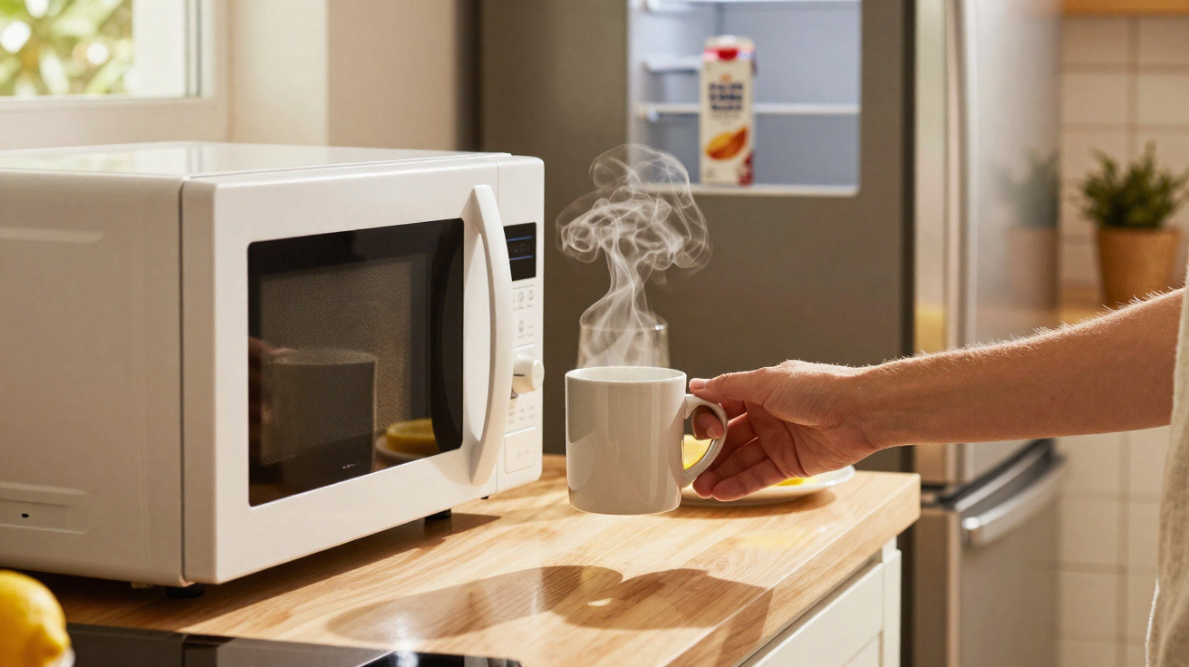 Mão segurando caneca com bebida quente perto de micro-ondas em cozinha iluminada.