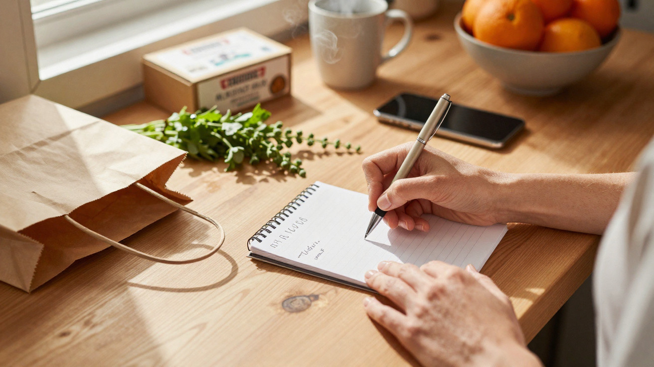Pessoa escrevendo em bloco de notas sobre lista de compras em mesa de madeira com frutas e celular.