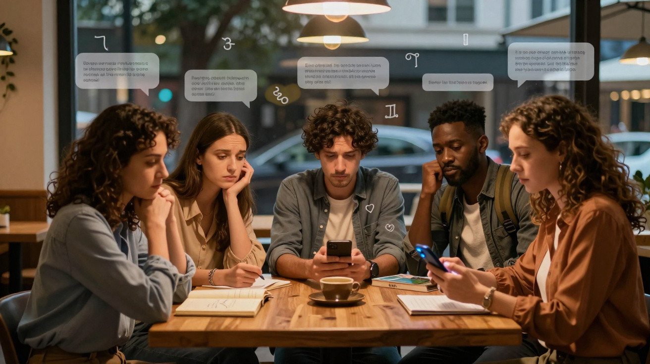 Grupo de cinco jovens em mesa de café, focados em dispositivos móveis e anotações, com diálogos sobre estudos.