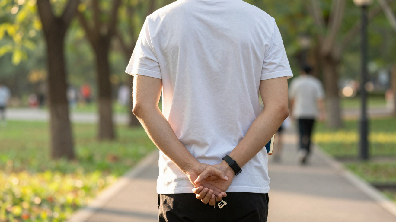 Pessoa de camiseta branca andando em parque com as mãos atrás segurando chaves.