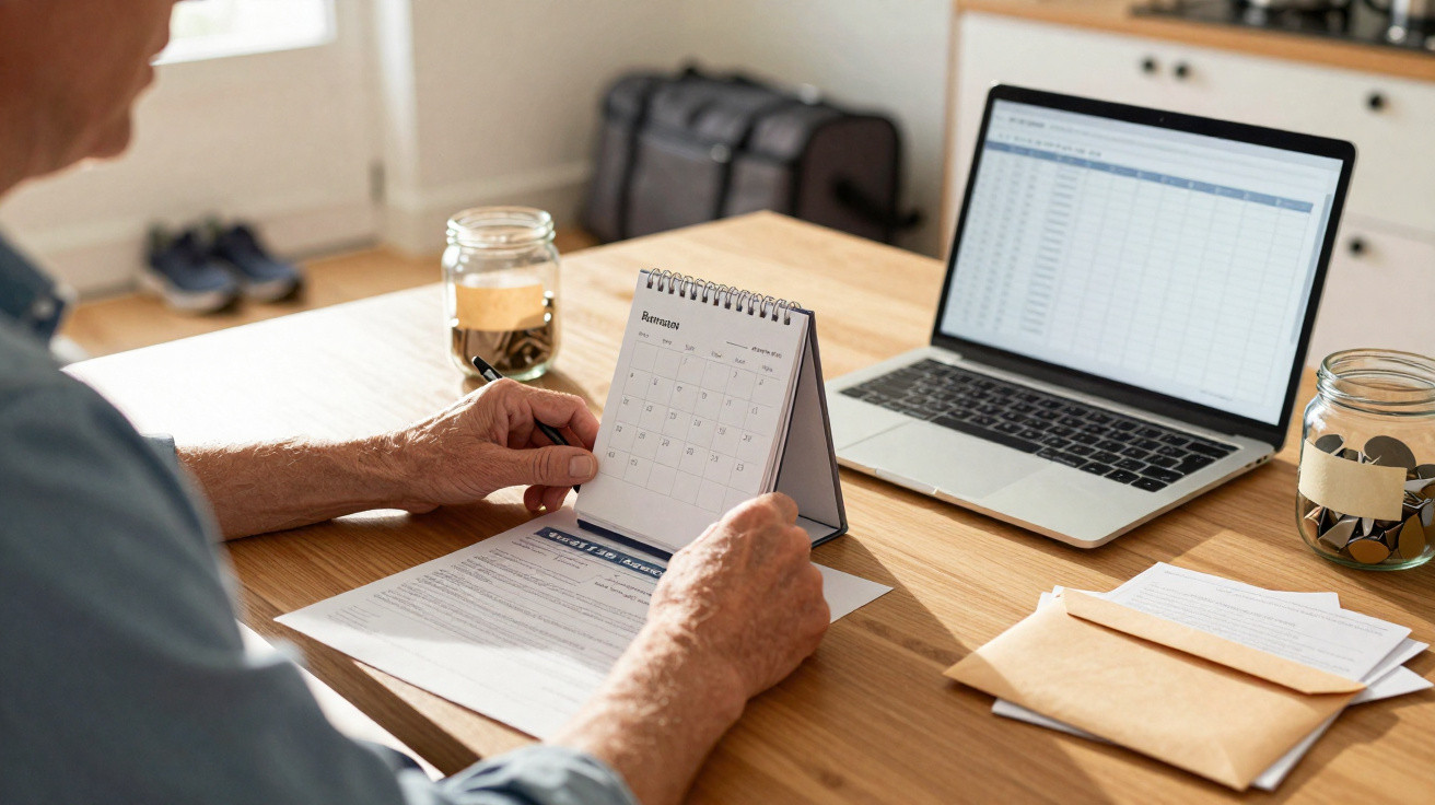 Pessoa segurando calendário de mesa com notebook, documentos e potes de moedas sobre mesa de madeira.