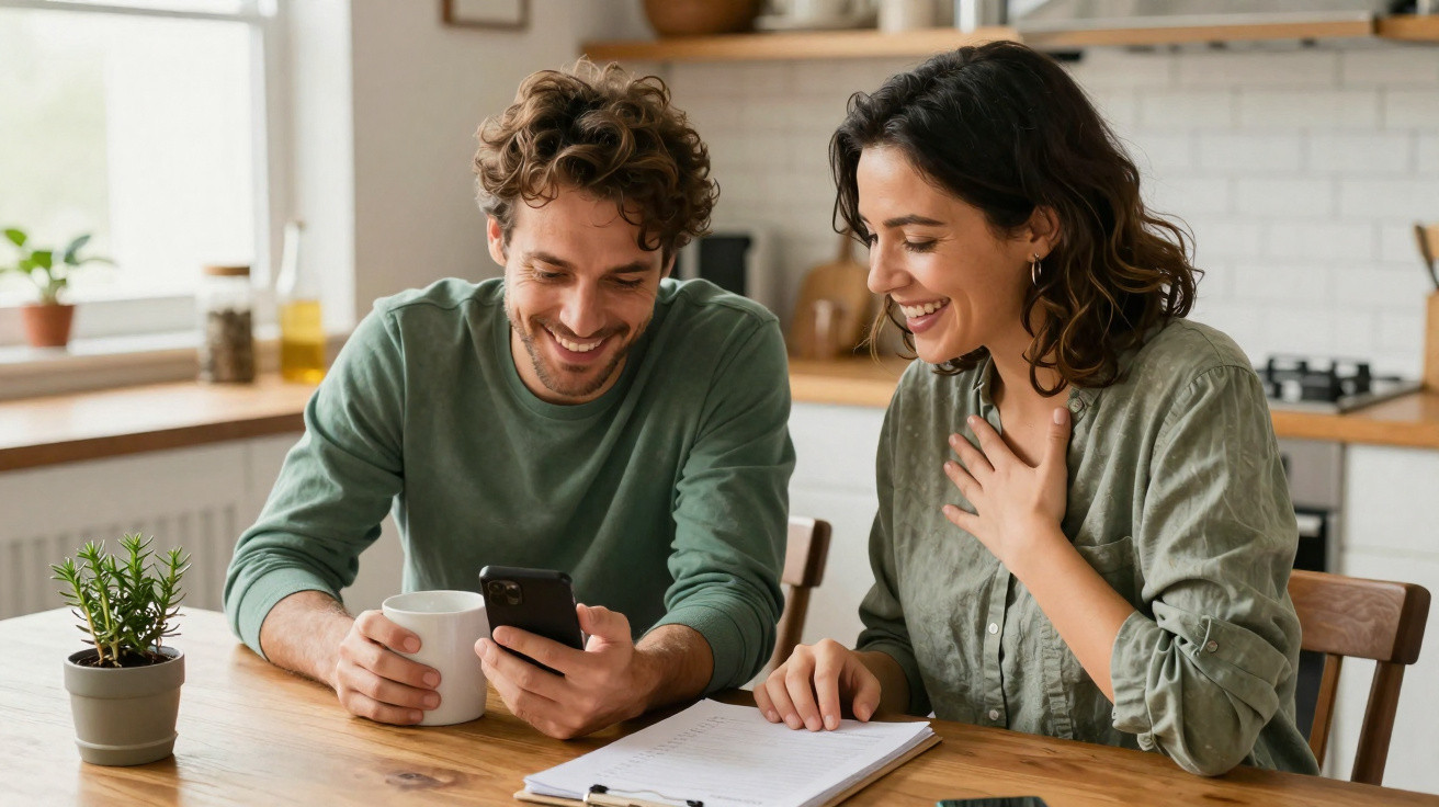 Casal sorridente sentado à mesa da cozinha, olhando o celular com uma xícara e um caderno à frente.