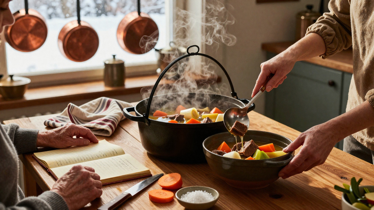 Pessoa servindo sopa quente com legumes e carne em tigela enquanto outra lê livro na cozinha aconchegante.