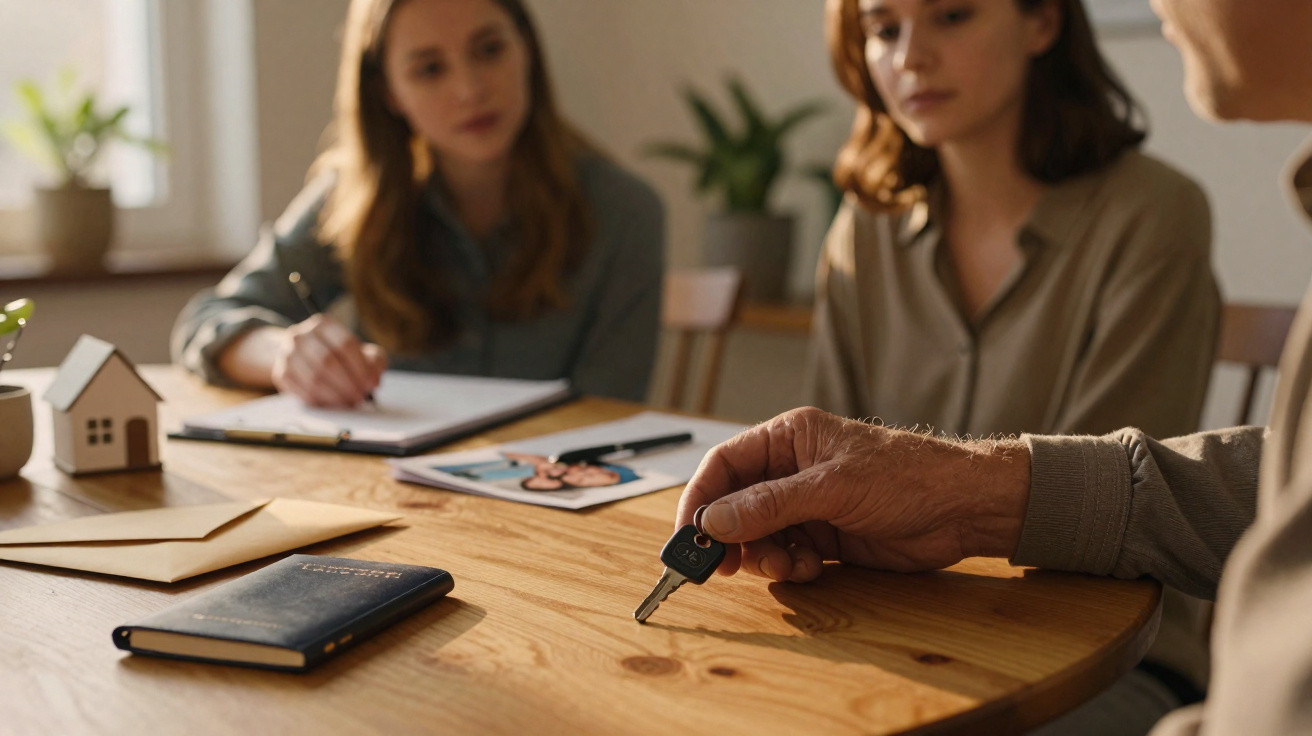 Pessoa entregando a chave de casa a duas mulheres sentadas à mesa com documentos e modelo de casa.