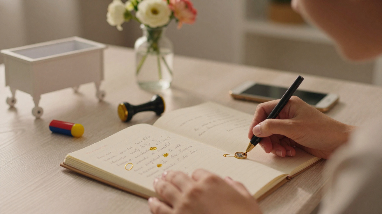 Pessoa desenhando selo de cera em caderno aberto sobre mesa com flores e celular ao fundo.